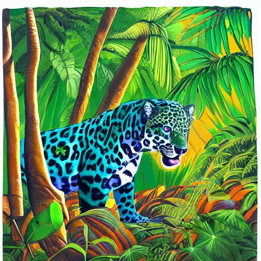 Prompt: a velvet painting of a colorful jaguar in a jungle scene by edgar leeteg