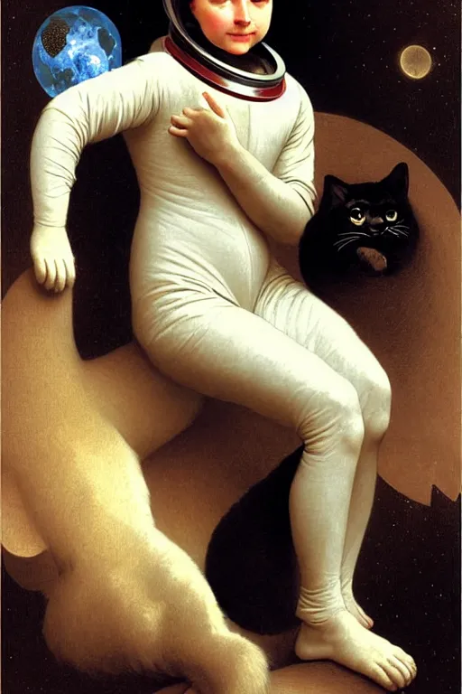 Image similar to portrait of a cat astronaut with spacesuit and helmet, majestic, solemn, by bouguereau