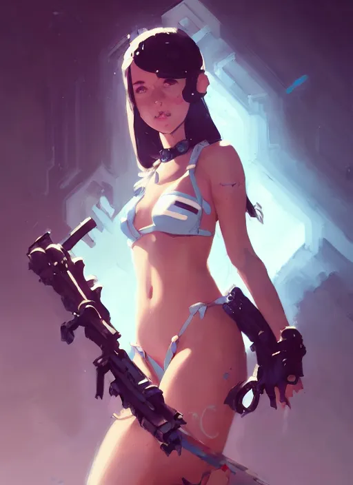 Prompt: portrait of cute girl in cyber bikini armor, warhammer, by atey ghailan, by greg rutkowski, by greg tocchini, by james gilleard, by joe fenton, by kaethe butcher, dynamic lighting, gradient light blue, brown, blonde cream and white color scheme, grunge aesthetic