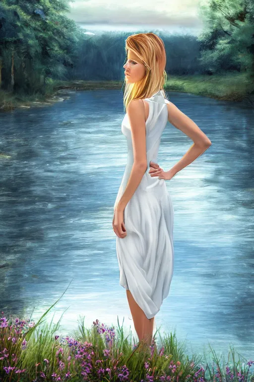 Image similar to a beautiful woman looking to the right side wearing a white dress, river in the background, serene scene, soft lighting, complementary colors, anatomically correct, five fingers, matte painting, centered, symmetrical, low contrast, heaven, path traced, highly detailed, high quality, 4 k, hyperrealistic, soft colors, beautiful landscape, realistic and defined face