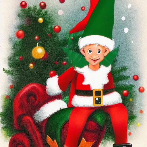 Prompt: little elf boy sitting on santa's lap, artwork