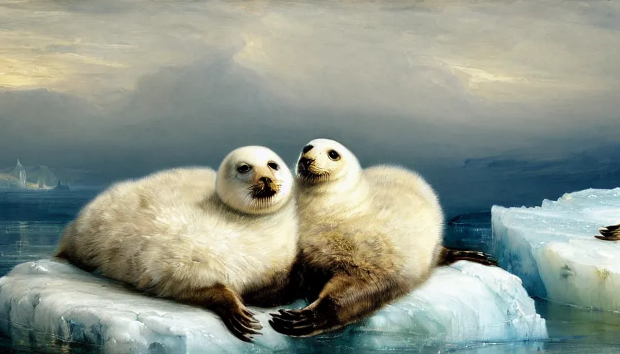 Image similar to highly detailed painting of cute furry white baby seal goose lions cuddling into each other on a blue and white iceberg by william turner, by greg rutkowski, by william constable, thick brush strokes and visible paint layers, 4 k resolution