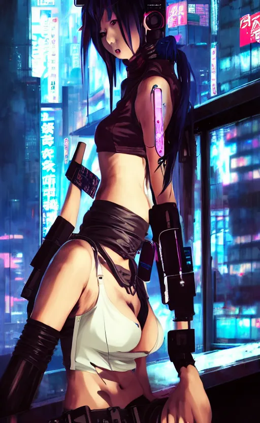 Image similar to cyberpunk anime girl sit in a night bar, cyberpunk oni mask, 3 / 4 shot, street night, beautiful face, grafity, arcane, action, detail, good face, pose model, concept art, in style of yoji shinkawa, pan ren wei, col price, atey ghailan, by greg rutkowski, aesthetic, digital painting