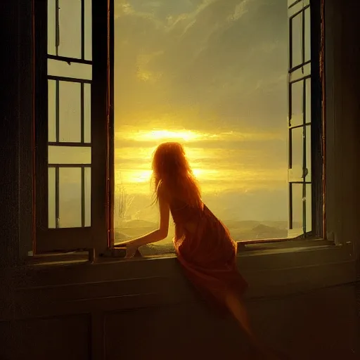 Image similar to young beautiful woman, view from window, sunset, high detail, dramatic light, digital art, chiaroscuro, painted by seb mckinnon, painted by greg rutkowski, painted by caspar david friedrich, trending on artstation