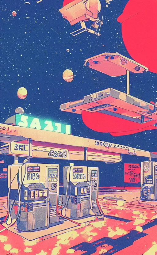 Prompt: gas station in space, sharp focus, vintage, satoshi kon, sci - fi, print, risograph, cinematic, game art