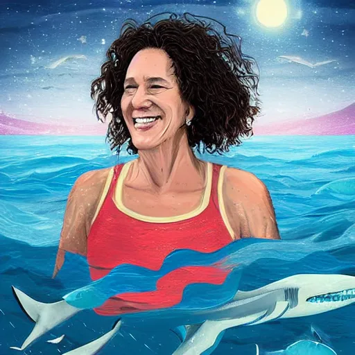 Image similar to digital art, trending on artstation, an athletic woman in her fifties with curly brown hair, swimming smiling in the middle of a rough sea surrounded by sharks, above her, in the night sky there is a star.