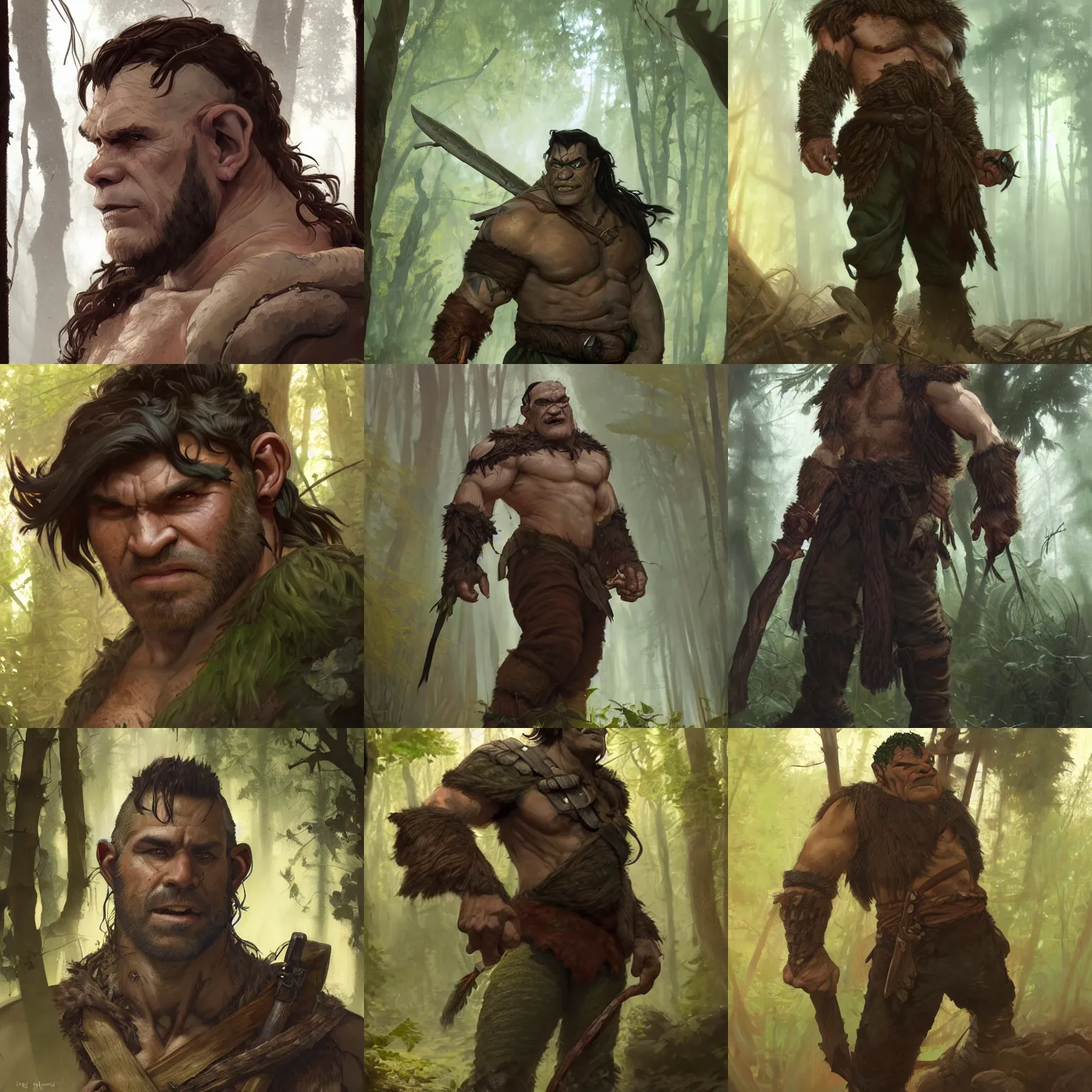 Prompt: portrait of a ruggedly handsome half - orc fighter with short brown hair in a forest, half body, fantasy, highly detailed, digital painting, artstation, concept art, character art, art by greg rutkowski and tyler jacobson and alphonse mucha