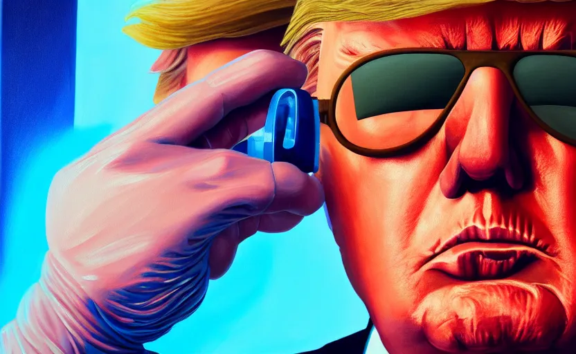 Prompt: closeup painting of donald trump, cyberpunk, wearing light blue shutter shades and a dark brown leather jacket, portrait, hyperdetailed, artstation, cgsociety, 8 k, synthwave by tangerine dream