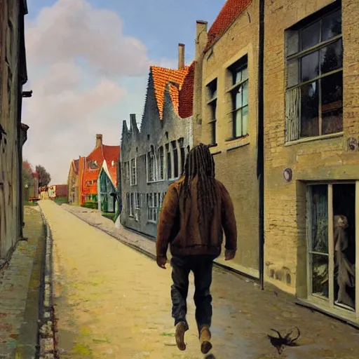 Image similar to bob marley walking in bruges, painted by scott listfield, sunny, happy