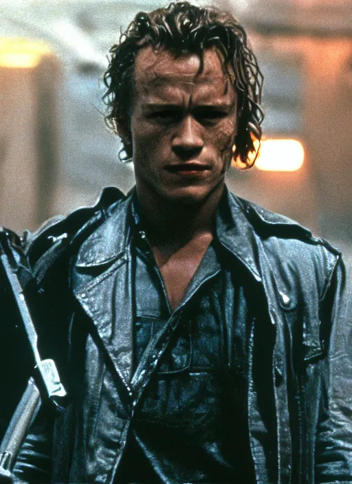 Prompt: film still of Heath Ledger as The Terminator in The Terminator, 4k