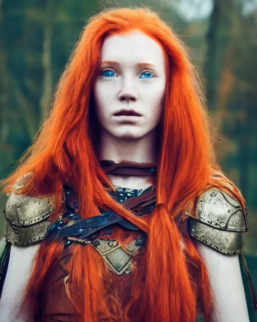 Image similar to north female warrior, red hair, ginger hair, long hair, fantasy, female Viking, high detailed, photography, cloudy, lightweight leather armour, Scandinavia, plain, detailed face, beautiful face, look into the distance, professional model, glowing skin, serious face, full body, professional photographer, masterpiece, 50 mm, 8k, 3D