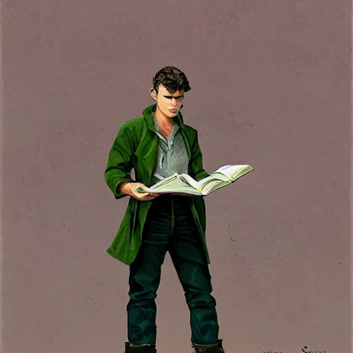 Image similar to a highly detailed epic cinematic concept art CG render digital painting artwork costume design: young James Dean as a well-kept neat anarchist rebel in 1950s green USSR mechanic outfit and big boots, reading a book. By Greg Rutkowski, Ilya Kuvshinov, WLOP, Stanley Artgerm Lau, Ruan Jia and Fenghua Zhong, trending on ArtStation, subtle muted cinematic colors, made in Maya, Blender and Photoshop, octane render, excellent composition, cinematic atmosphere, dynamic dramatic cinematic lighting, aesthetic, very inspirational, arthouse