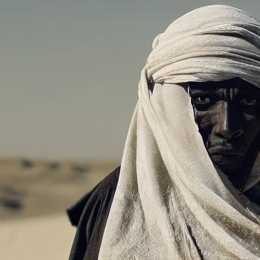 Prompt: movie still of a sand wraith tuareg holding a hourglass