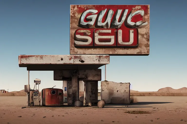 Image similar to an abandoned gas station in the desert, huge rusty sign in the foreground and a planet like Saturn with dust rings in the background, sunny day, wind and dust, low angle, 4k, ultra details, cinematic, epic style, beautiful photo, hyper realistic, octane render, unreal engine, award winning, on artstation, volumetric lightning, masterpiece, golden hour,