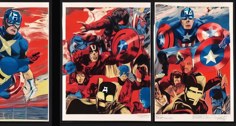 Image similar to A three color offset photography of the Avengers, exhibition, 60s style