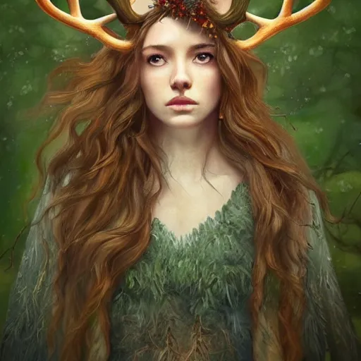 Image similar to A beautiful digital painting of freya allen, antlers made from wood on her head and brown curly hair with orange oak leaves, forest in the background, D&D, fantasy, intricate, beautiful green eyes, cinematic lighting, highly detailed, digital painting, Artstation, concept art, smooth, sharp focus, illustration, art by Artgerm and Greg Rutkowski and Alphonse Mucha