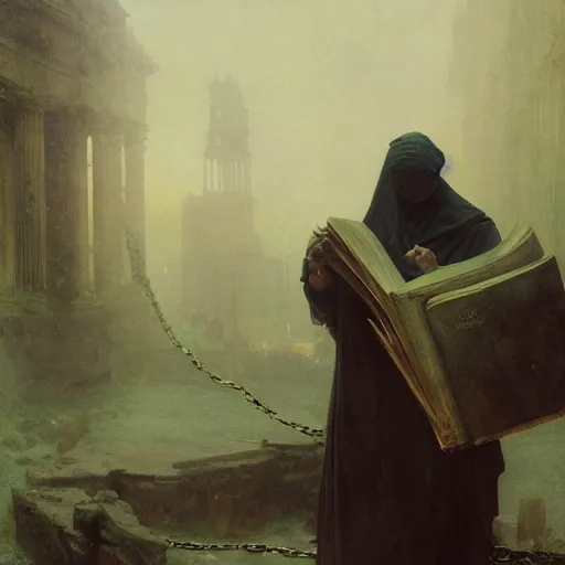 Prompt: half portait of magican wearing a closed cowl holding a big old book! with chains on his wrist, jeremy mann, jean leon gerome, alphonse mucha, greg rutkowski, hood covers his eyes, ( ( ruins of ancient rome ) ), at dusk, mysterious atmosphere, sunrays, dof, masterpiece, high detailed, 8 k