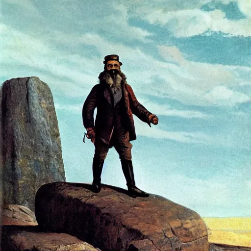 Image similar to 19th century scruffy american trapper, standing atop boulder overlooking expanse, sphinx in distance, pulp science fiction illustration, mobius artwork