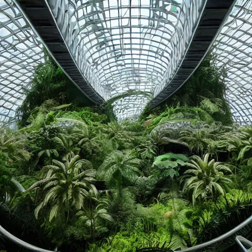 Prompt: stunning indoor jungle inside epic high technology biodome designed by zaha hadid, ultra detailed, highest quality