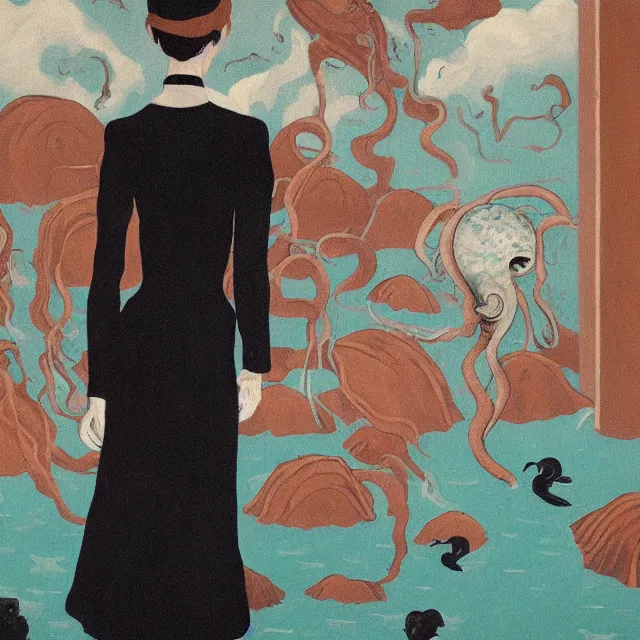 Image similar to tall female emo artist holding an octopus in a flooded cafe, octopus, water gushing from ceiling, painting of flood waters inside a cafe, a river flooding indoors, pomegranates, pigs, ikebana, water, octopus, river, rapids, waterfall, black swans, canoe, berries, acrylic on canvas, surrealist, by magritte and monet