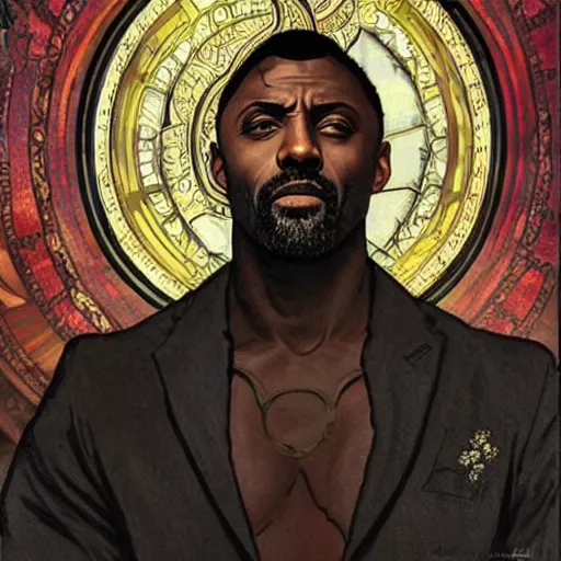 Image similar to idris elba portrait by louis - theophile hingre and alphonse mucha, realistic, sharp focus, zodiac signs, tarot cards, planets, ethereal, art nouveau, magic, moon, sun, crown, dreamy, royal, jewellery