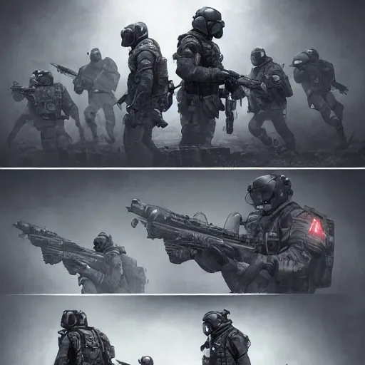 Image similar to Mercenary Special Forces in grey uniforms with black armored vests dying in 2020, by Cedric Peyravernay, highly detailed, excellent composition, cinematic concept art, dramatic lighting, trending on ArtStation