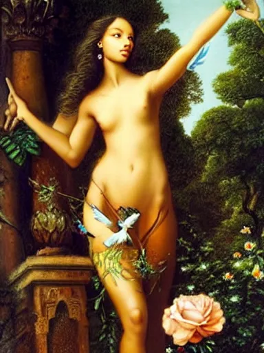 Image similar to jasmine tookes, the goddess of love : : background of roses, myrtle, doves : : rococo, academicism, hyperreal