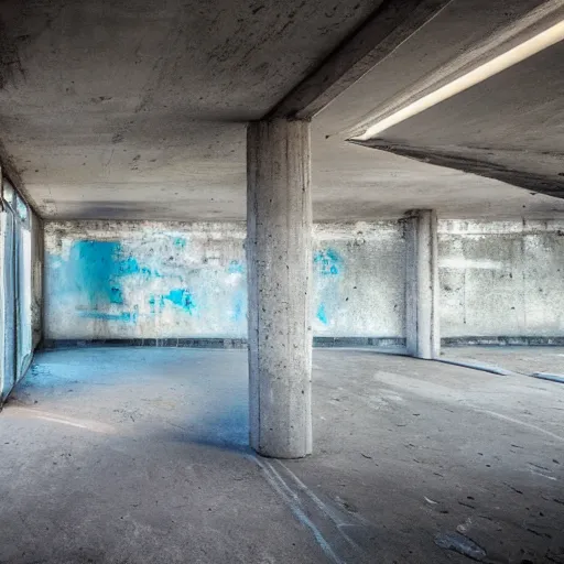 Prompt: abandoned ancient concrete interior, large open room, gentle blue and orange lighting, futuristic, angular design