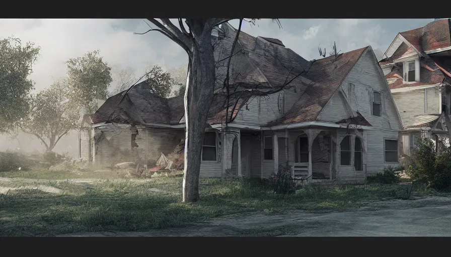 Image similar to midwest city's low - rise neighborhood, abandoned house, people, cloudy day, volumetric light, hyperdetailed, artstation, cgsociety, 8 k