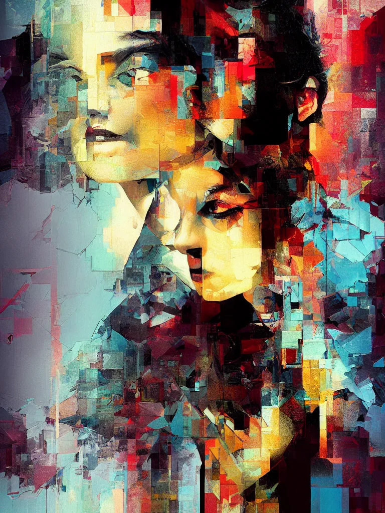 Image similar to a beautiful painting by patrick bremer of a girl portrait in front of a mirror in a glitched bathroom, pixel sorting, color bleeding, brushstrokes by jeremy mann