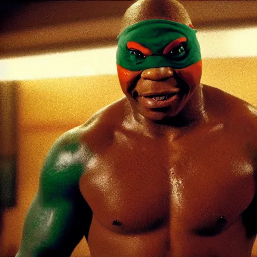 Prompt: A movie still of Mike Tyson as a Teenage Mutant Ninja Turtle, dynamic lighting, 8k, Action shot, 2022 picture of the year