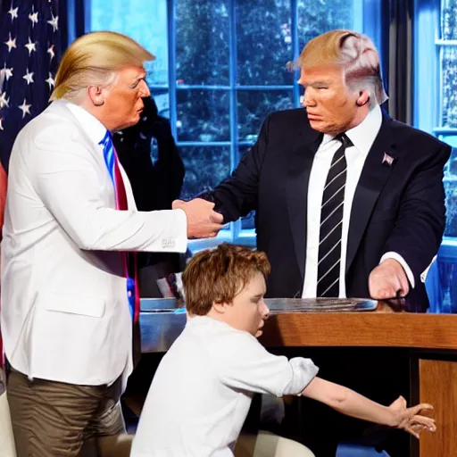 Prompt: donald trump with no shirt feeding chris pratt while slapping his bottom