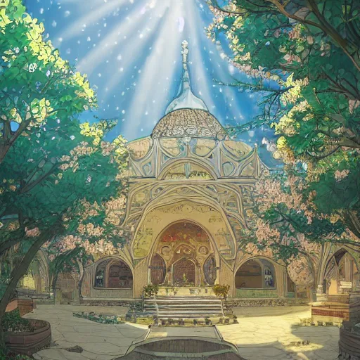 Prompt: a beautiful hyperdetailed illustration of absolutely beautiful blooming flower masjid alone, perfectly shaded, sun rays, natural light, golden hour, style of studio ghibli, detailed lines, sharp edges, holy