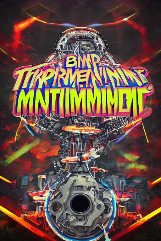 Image similar to a band shirt, printed tshirt with bandname is tripmachine, tourname is invasion of the tripmachines, realistic digital art, 3 d render of a huge futuristic steampunk generator, 8 k, fluorescent colors, halluzinogenic, multicolored, exaggerated detailed, unreal engine