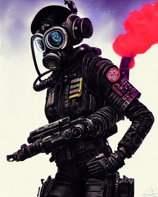 Image similar to detailed portrait neon female swat officer flying a fighter jet, cyberpunk futuristic, neon, gas mask, reflective puffy coat, decorated with traditional japanese by ismail inceoglu dragan bibin hans thoma greg rutkowski alexandros pyromallis nekro rene margitte, fire & smoke, illustrated, perfect face, fine details, realistic shaded, fine - face, pretty face