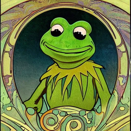 Prompt: a closeup portrait of a young kermit the frog, art nouveau, jugendstil, decorative background, spirals, painted by alphonse mucha