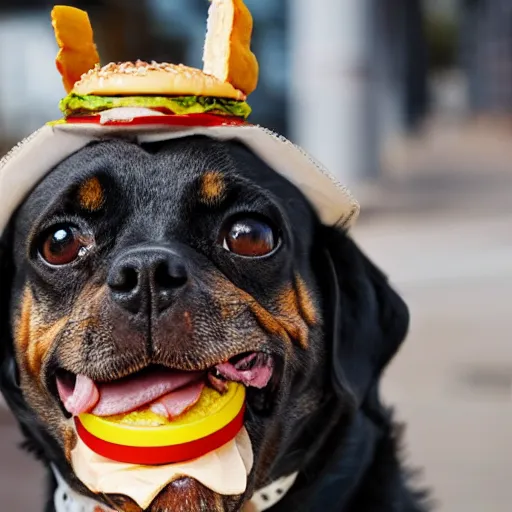 Prompt: a dog eating a big mac while wearing a burger king crown, award winning photography