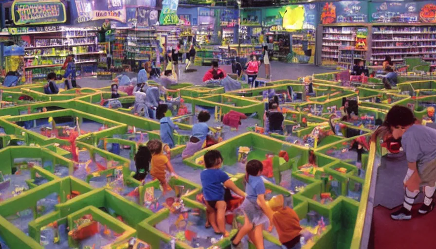 Image similar to 1990s photo of inside the Boring News Grown up errands ride at Universal Studios in Orlando, Florida, children riding on tiny minivans go-carts through a fake grocery store maze course , Nickelodeon slime blaster, flying soccer balls, business men, cinematic, UHD