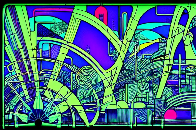 Image similar to art nouveau, fauvism, neon geometric inks, cyberpunk, fantasy landscape, wireframe datascape village.