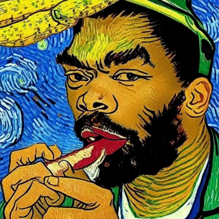 Prompt: method man licking a banana in the style of van gogh