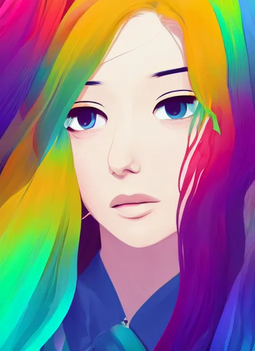 Image similar to a young woman with beautiful rainbow hair. she looks very sad. she is crying. clean cel shaded vector art. shutterstock. behance hd by lois van baarle, artgerm, helen huang, by makoto shinkai and ilya kuvshinov, rossdraws, illustration, art by ilya kuvshinov