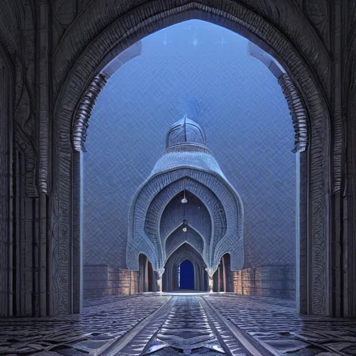 Image similar to Photorealistic demonic mosque in the style of architectural by Michael Whelan and Gustave Dore. Hyperdetailed photorealism, 108 megapixels, amazing depth, glowing rich colors, powerful imagery, psychedelic Overtones, 3D finalrender, 3d shading, cinematic lighting, artstation concept art