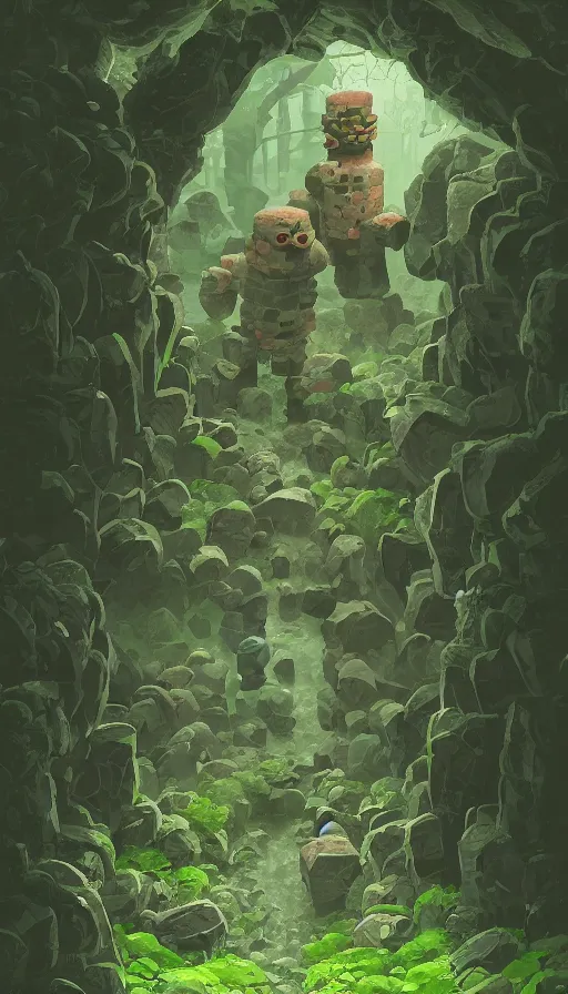 Prompt: stone golem, moss and ivy, true evil, dormant, broken, calling a traveller nearby, sharp focus, james gilleard, cinematic, game art, extremely detailed digital painting, print