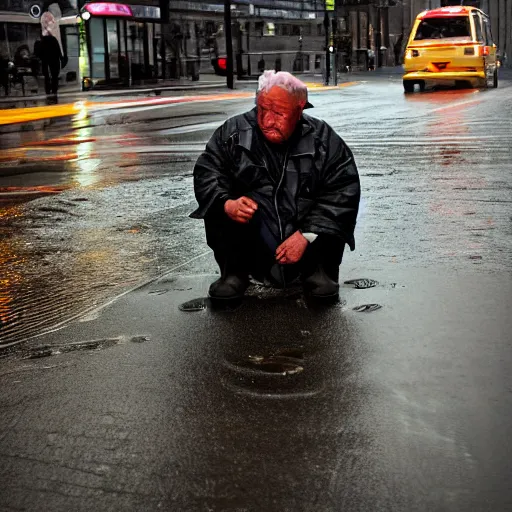 Image similar to closeup portrait of a man fishing in a rainy new york street, photography, expression