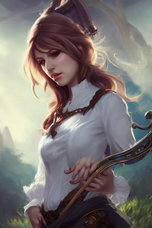 Prompt: full body, female bard, perfect face, white blouse, 8 k, magic the gathering, forest, d & d, artstation, high detail, smooth, coherent