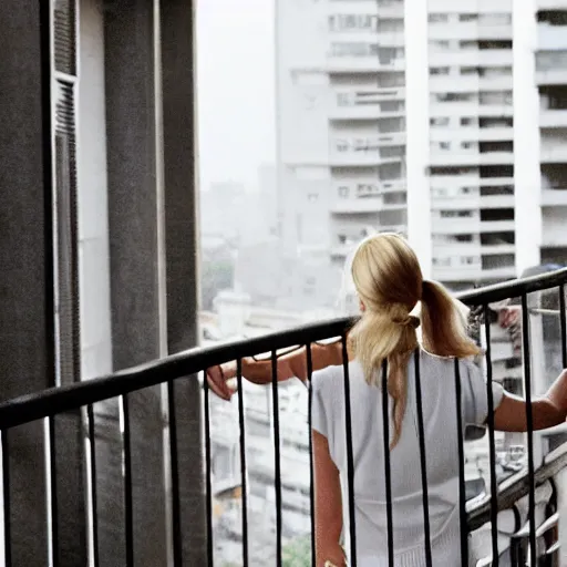 Image similar to a blonde woman wearing black with a ponytail stands on her balcony, still from urban scenes directed by Hayao Miyazaki