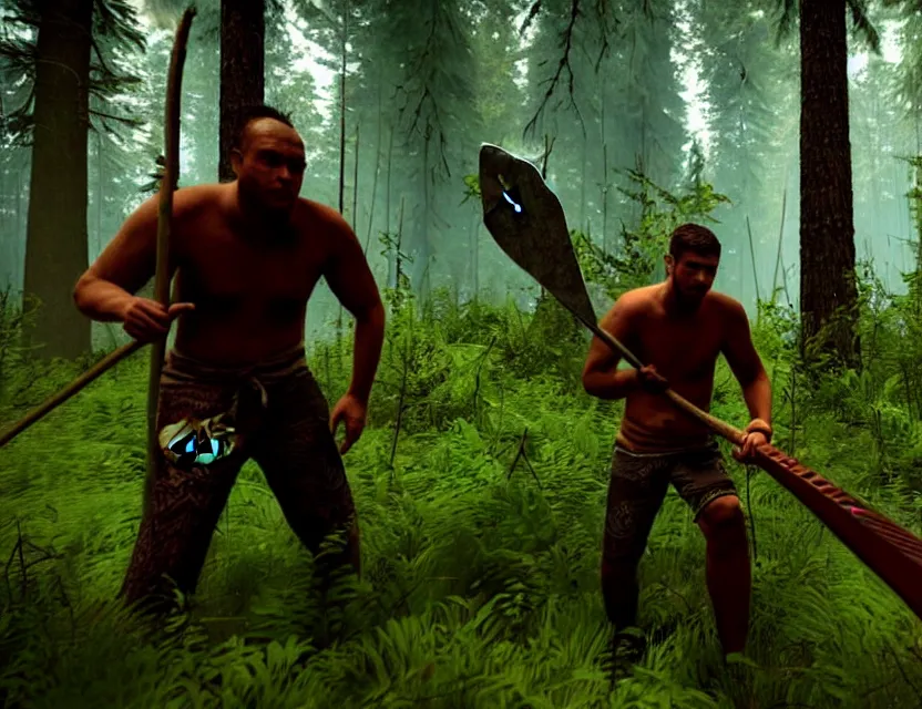 Image similar to a the forest game screenshot with one tribal enemy in the middle of the screenshot the player is holding a axe ultra realistic