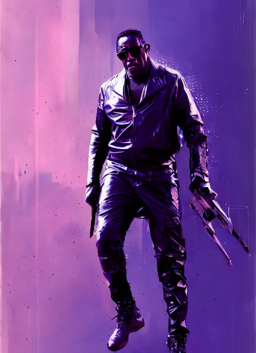 Prompt: wesley snipes as blade, blue and purple hour, by ismail inceoglu