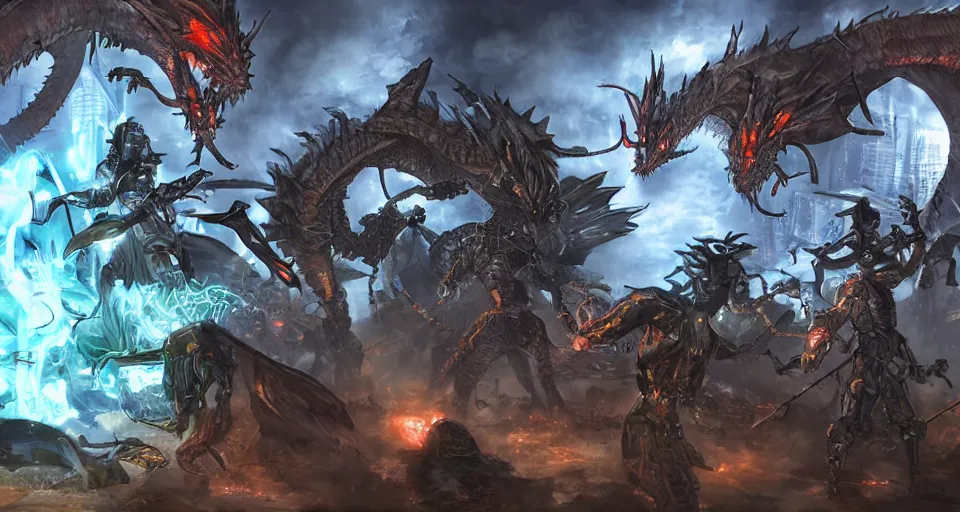 Image similar to A party of Shadowrunners preparing to fight a cybernetically enhanced dragon, digital art