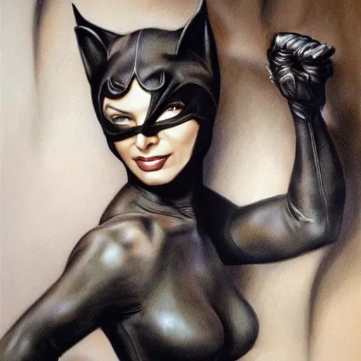 Image similar to pencil art, detailed portrait of catwoman, intricate, hyper detailed, realistic, oil painting, by julie bell, frank frazetta, cinematic lighting